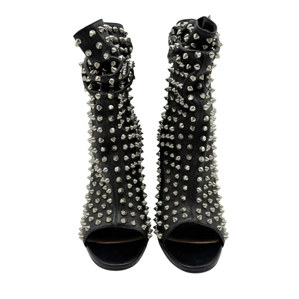 Christian Louboutin Black & Silver Spike Embellished Peep-Toe Heeled Booties